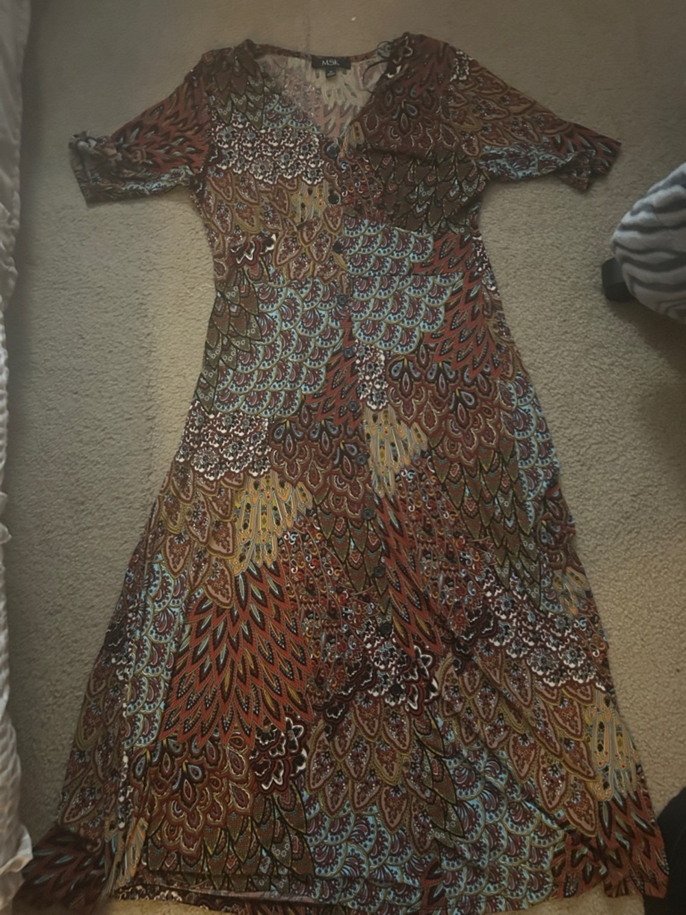 MSK Multicolor Paisley V-Neck Maxi Dress — Rust, Teal & Gold Accents